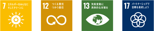 7 エネルギーをみんなに。そしてクリーンに,12 つくる責任、つかう責任,13 気候変動に具体的な対策を,17 パートナーシップで目標を達成しよう